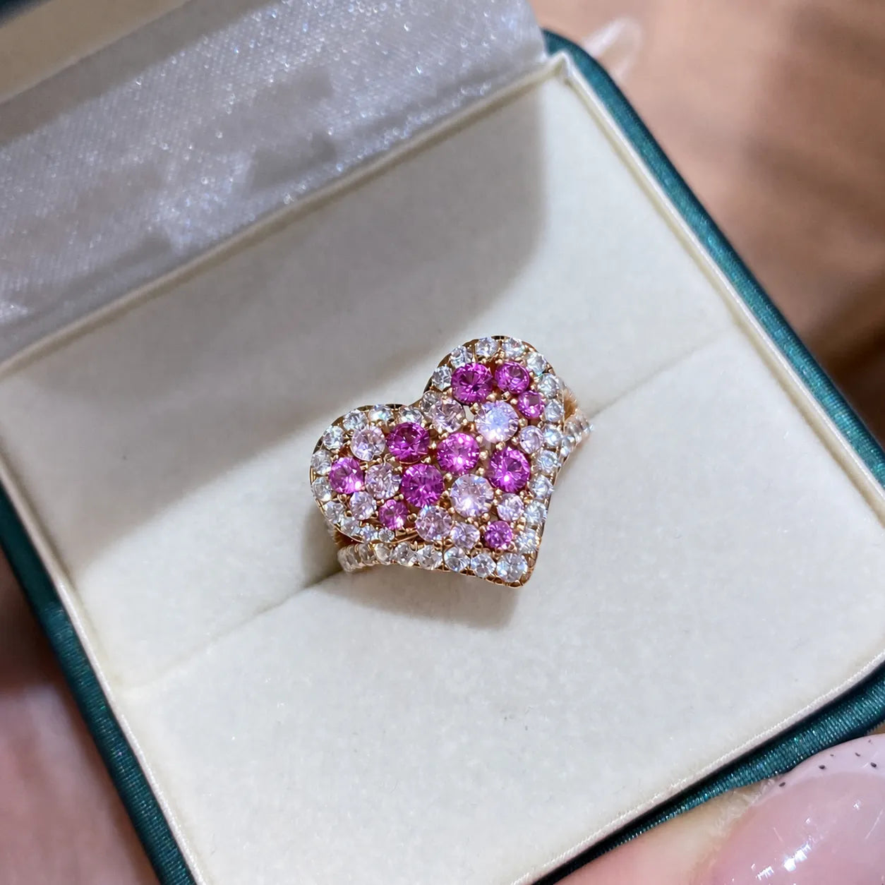 925 Sterling Silver Heart Ring Rose Gold Plated Pink Purple Cubic Zirconia Pave