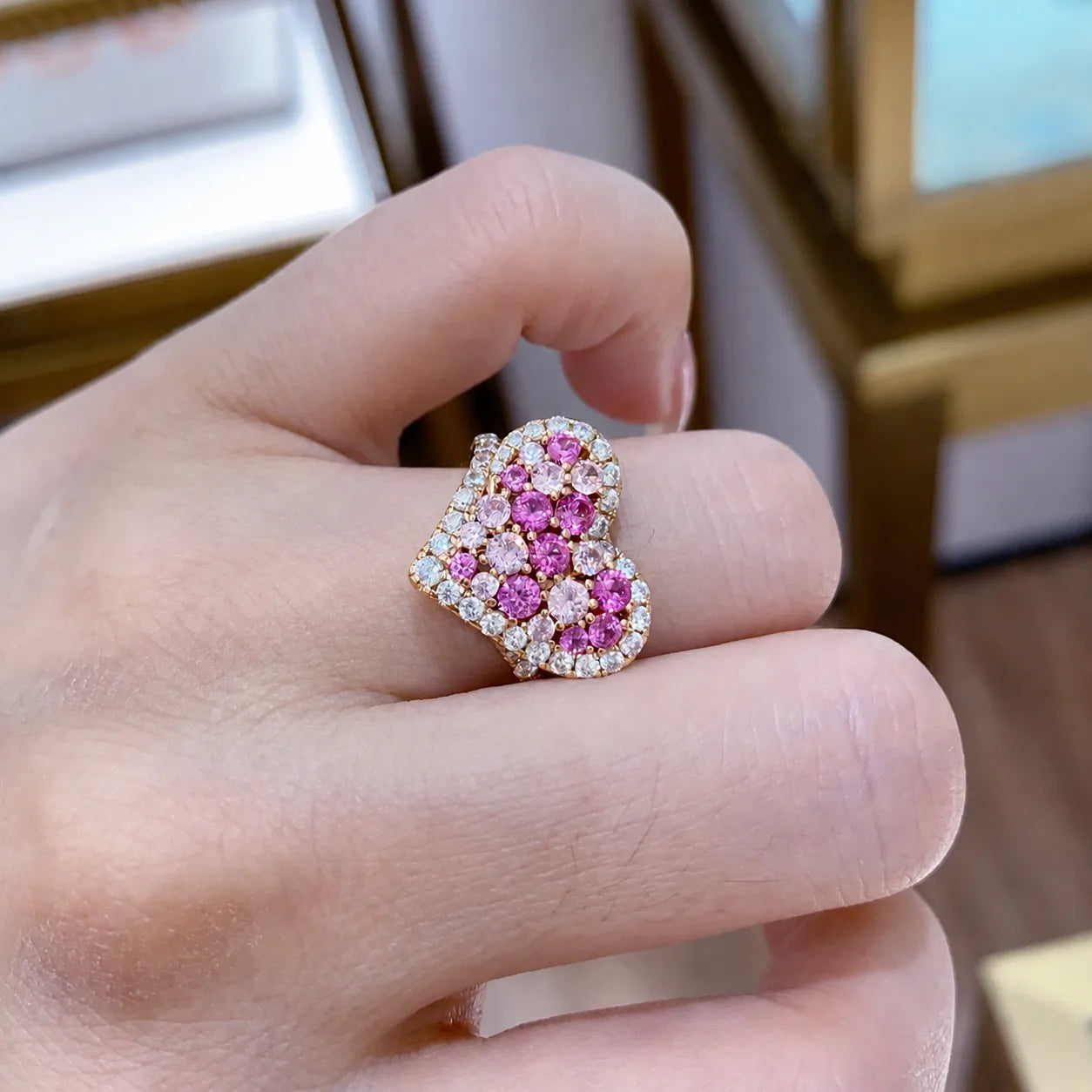 925 Sterling Silver Heart Ring Rose Gold Plated Pink Purple Cubic Zirconia Pave