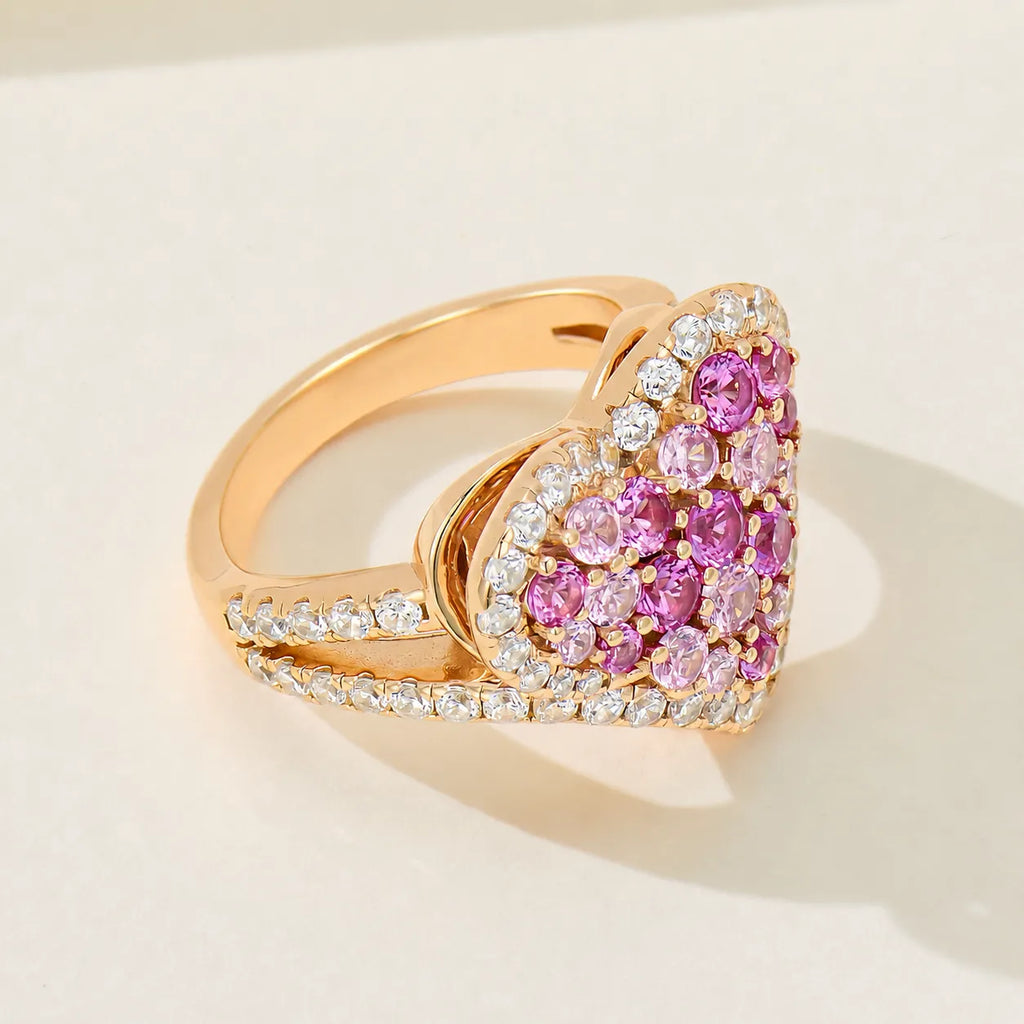 925 Sterling Silver Heart Ring Rose Gold Plated Pink Purple Cubic Zirconia Pave