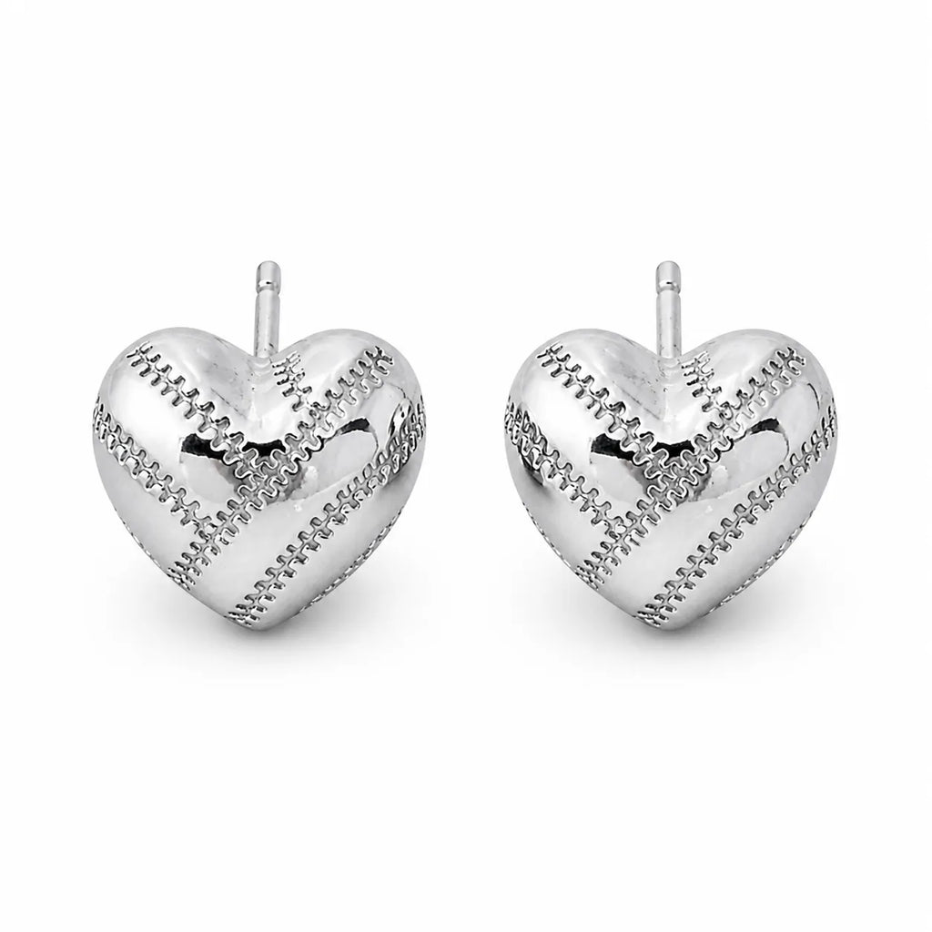 Heart Stud Earrings 925 Sterling Silver Baseball Stitch Design