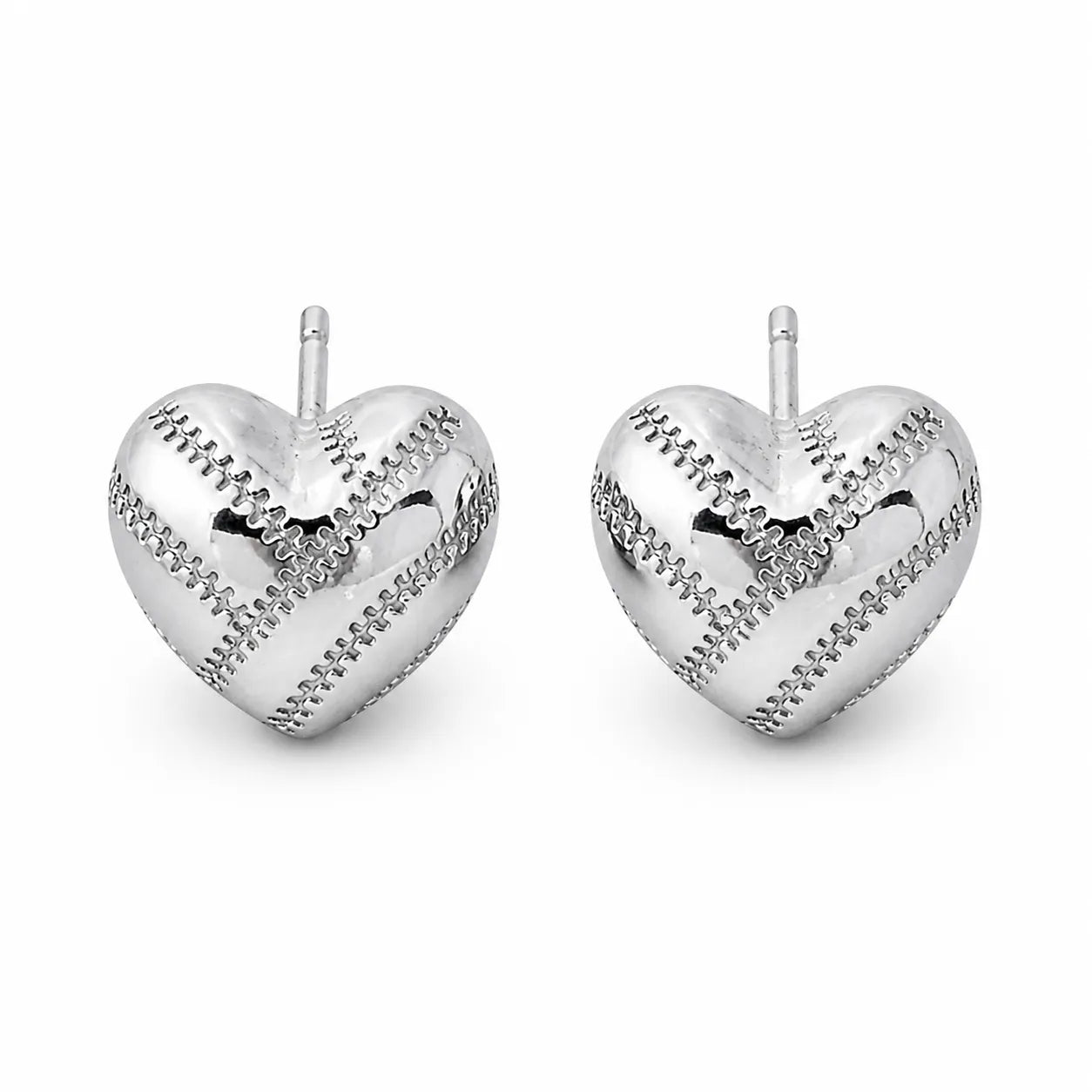 Heart Stud Earrings 925 Sterling Silver Baseball Stitch Design