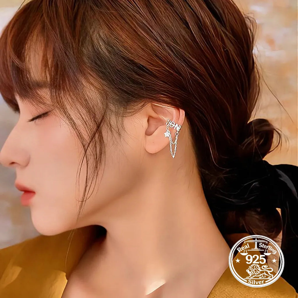 Ear Cuff with Chain 925 Sterling Silver Honey Word