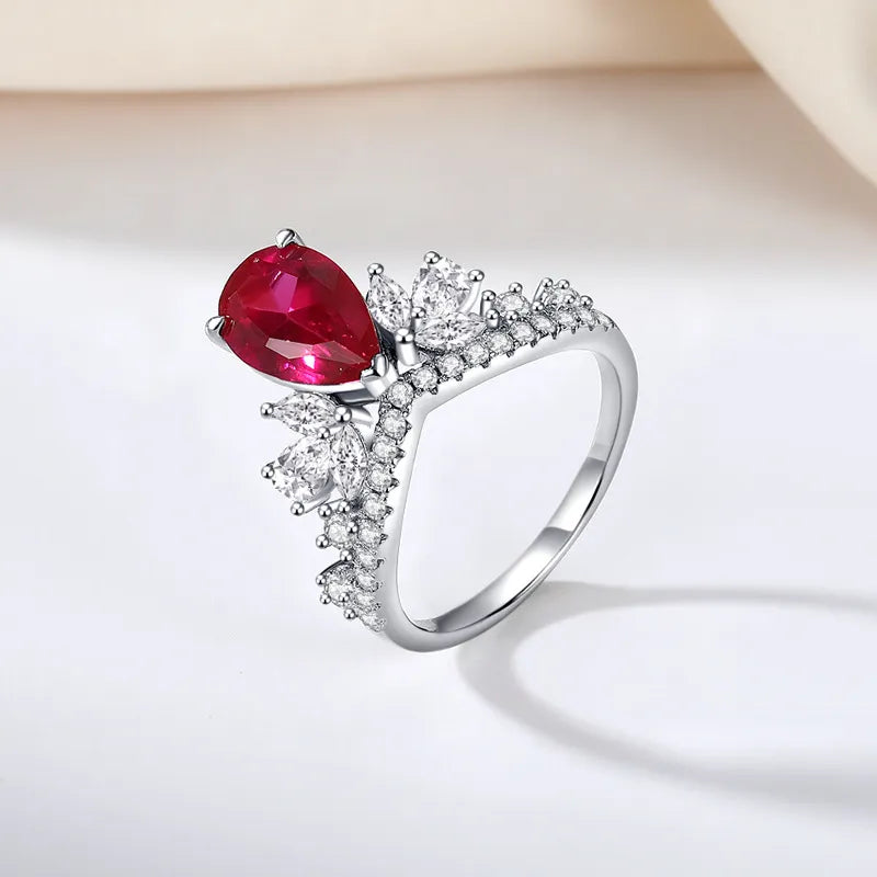 Lab Created Ruby Ring 925 Sterling Silver Pear Shaped Crown Setting