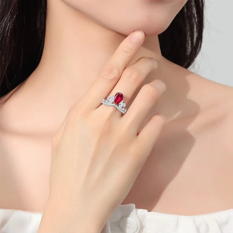 Lab Created Ruby Ring 925 Sterling Silver Pear Shaped Crown Setting
