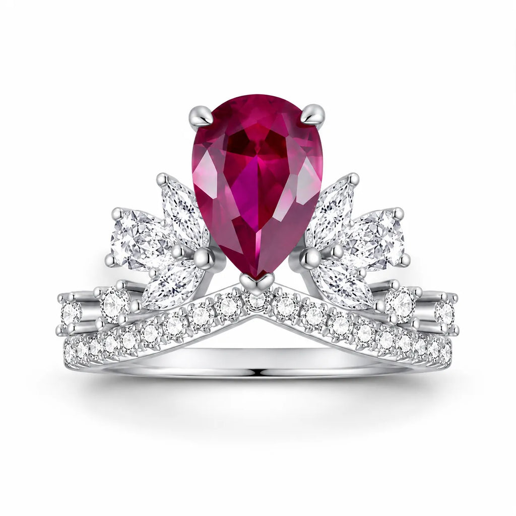 Lab Created Ruby Ring 925 Sterling Silver Pear Shaped Crown Setting