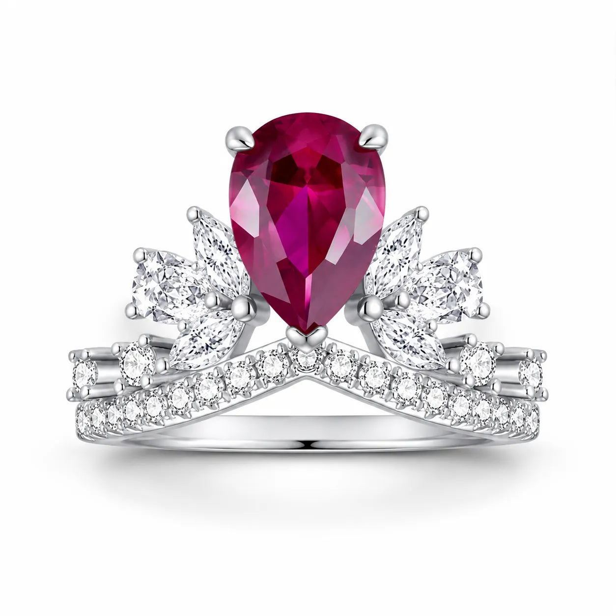 Lab Created Ruby Ring 925 Sterling Silver Pear Shaped Crown Setting