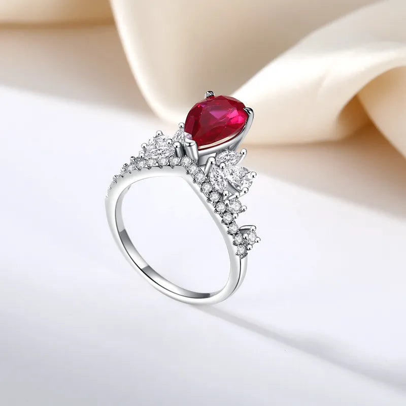 Lab Created Ruby Ring 925 Sterling Silver Pear Shaped Crown Setting