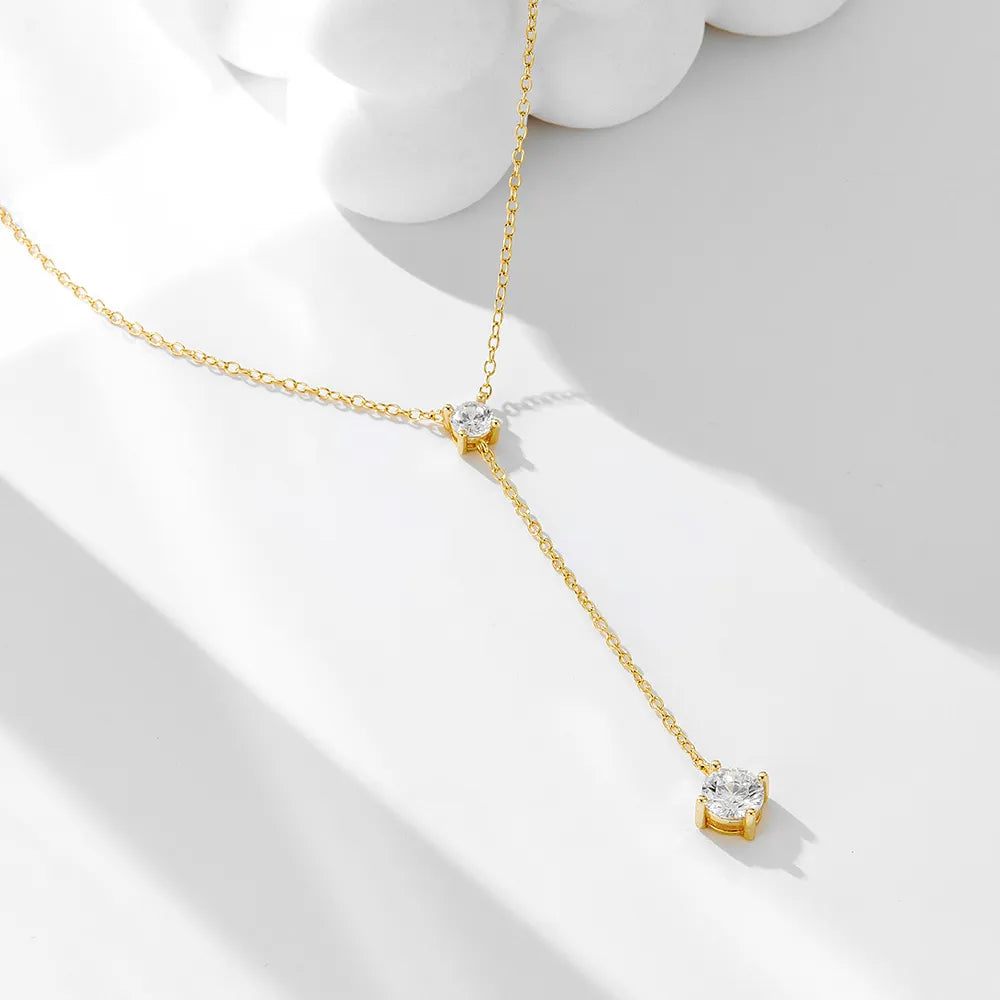 925 Sterling Silver Lariat Necklace with Cubic Zirconia Double Drop