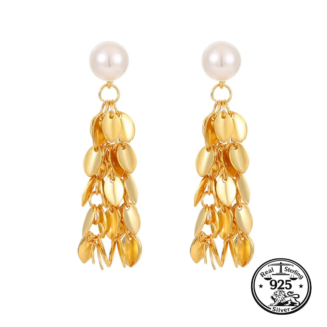 Leaf Dangle Earrings in 925 Sterling Silver Pearl Tassel Style