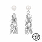 Leaf Dangle Earrings in 925 Sterling Silver Pearl Tassel Style