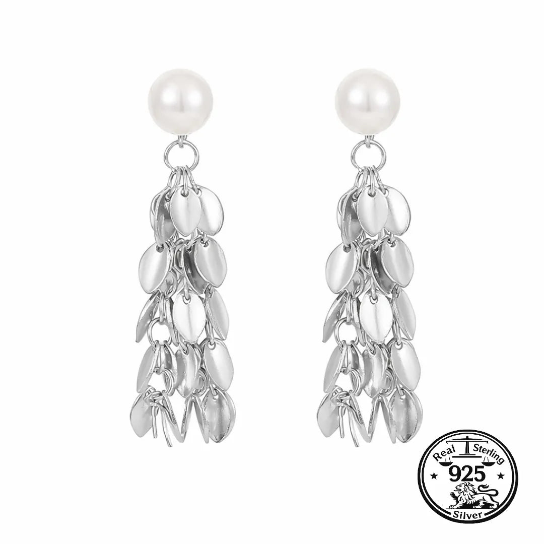 Leaf Dangle Earrings in 925 Sterling Silver Pearl Tassel Style