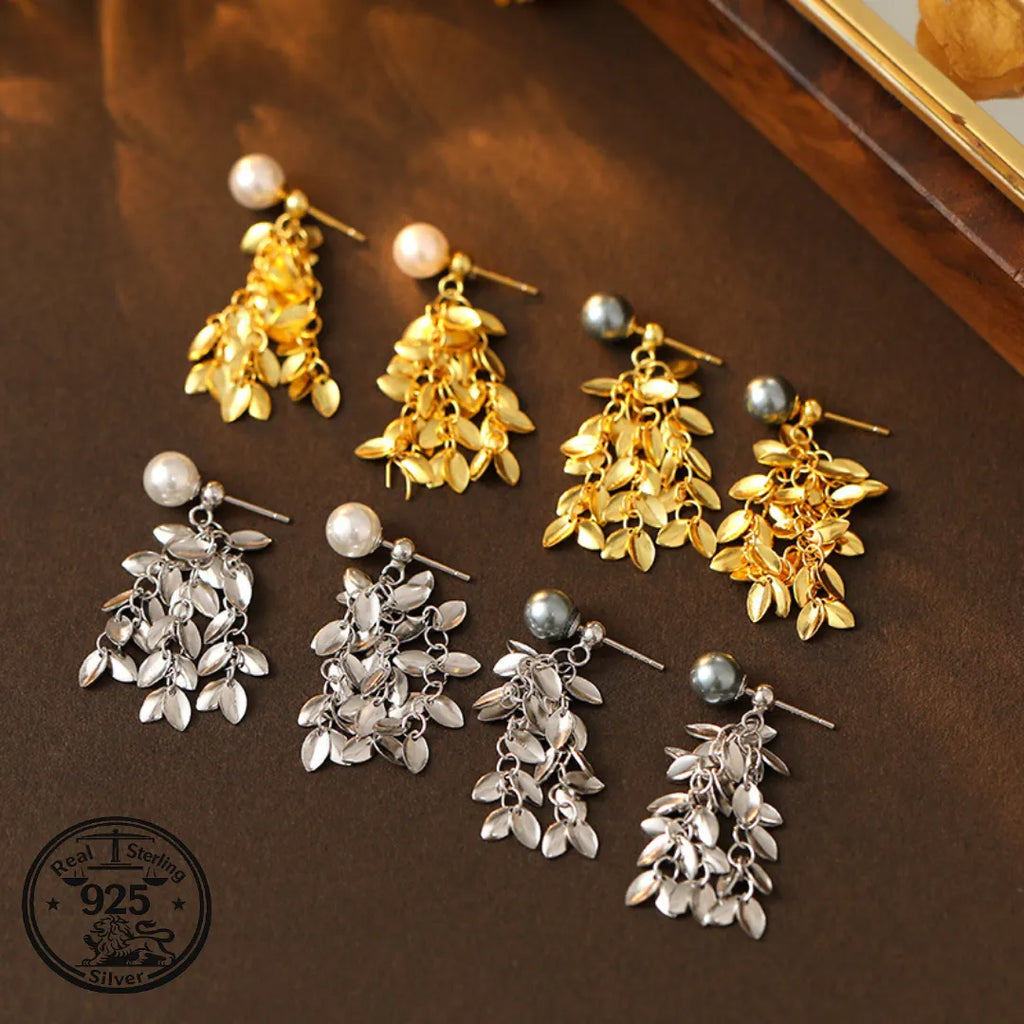 Leaf Dangle Earrings in 925 Sterling Silver Pearl Tassel Style