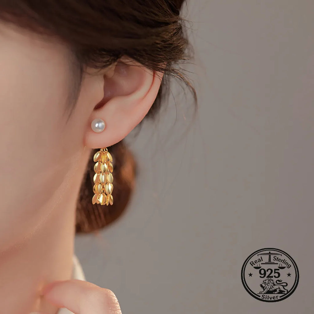 Leaf Dangle Earrings in 925 Sterling Silver Pearl Tassel Style