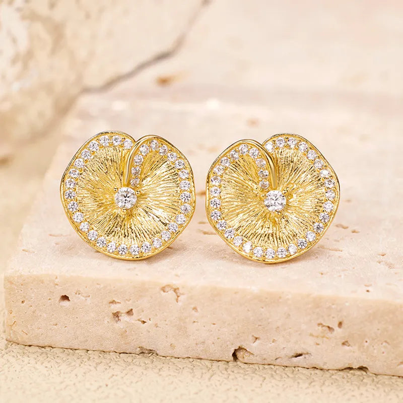 Lotus Leaf Stud Earrings 925 Sterling Silver with Cubic Zirconia