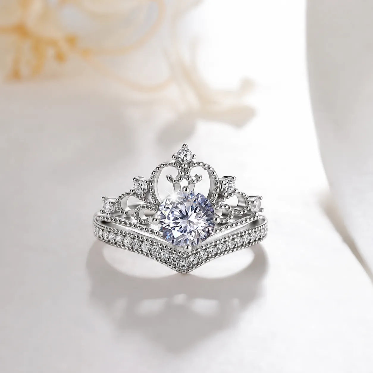 Princess Crown Ring 925 Sterling Silver 1 Carat Moissanite Beaded Edge Design