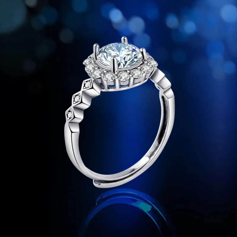 925 Sterling Silver Moissanite Ring 1 Carat Adjustable Halo Ring