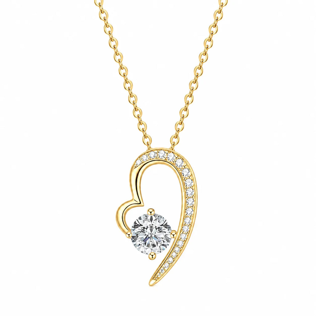 Moissanite Heart Necklace 925 Sterling Silver Asymmetrical Open Heart Design With 1 Carat Center Stone