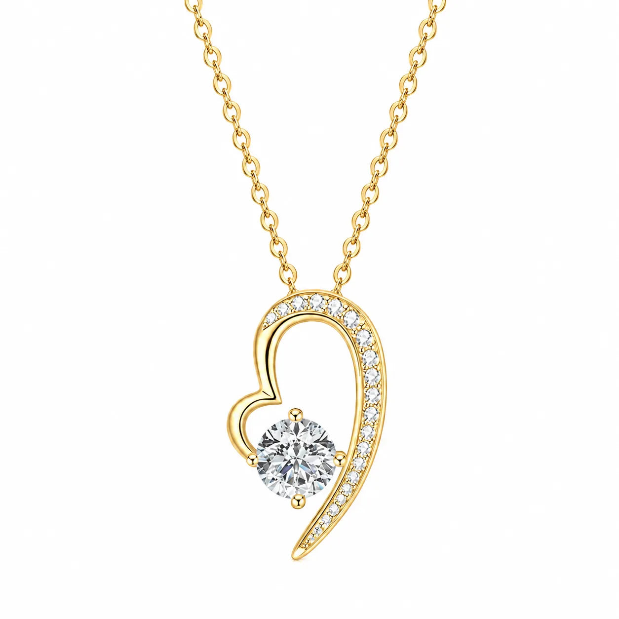 Moissanite Heart Necklace 925 Sterling Silver Asymmetrical Open Heart Design With 1 Carat Center Stone