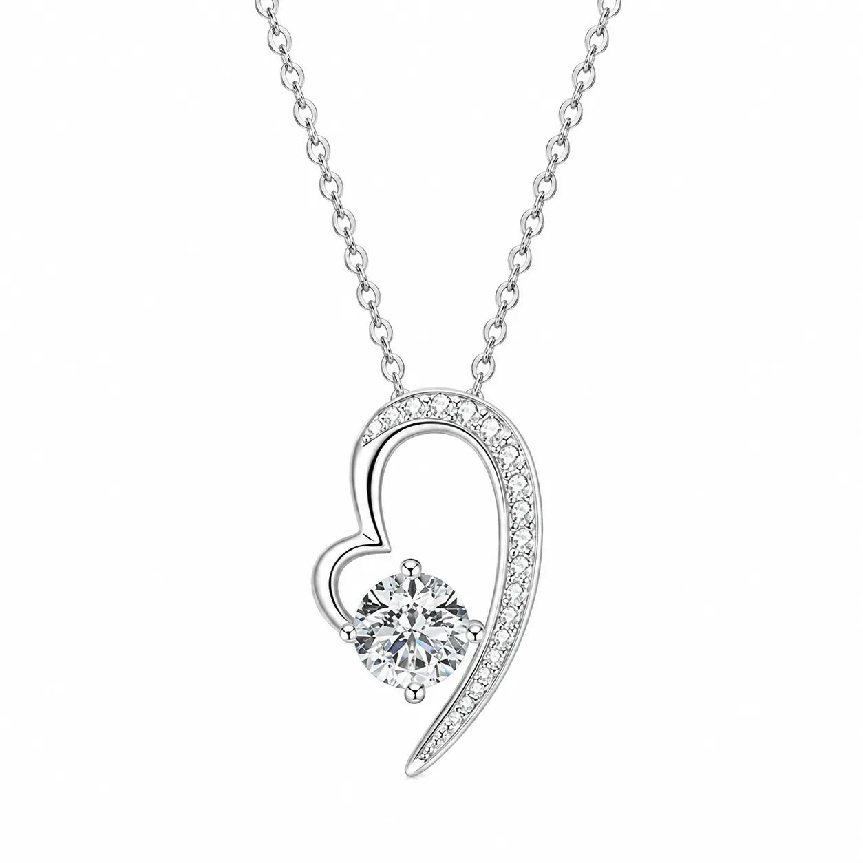 Moissanite Heart Necklace 925 Sterling Silver Asymmetrical Open Heart Design With 1 Carat Center Stone