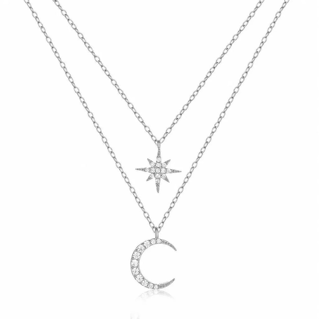 Moon And Star Necklace 925 Sterling Silver Layered Starburst