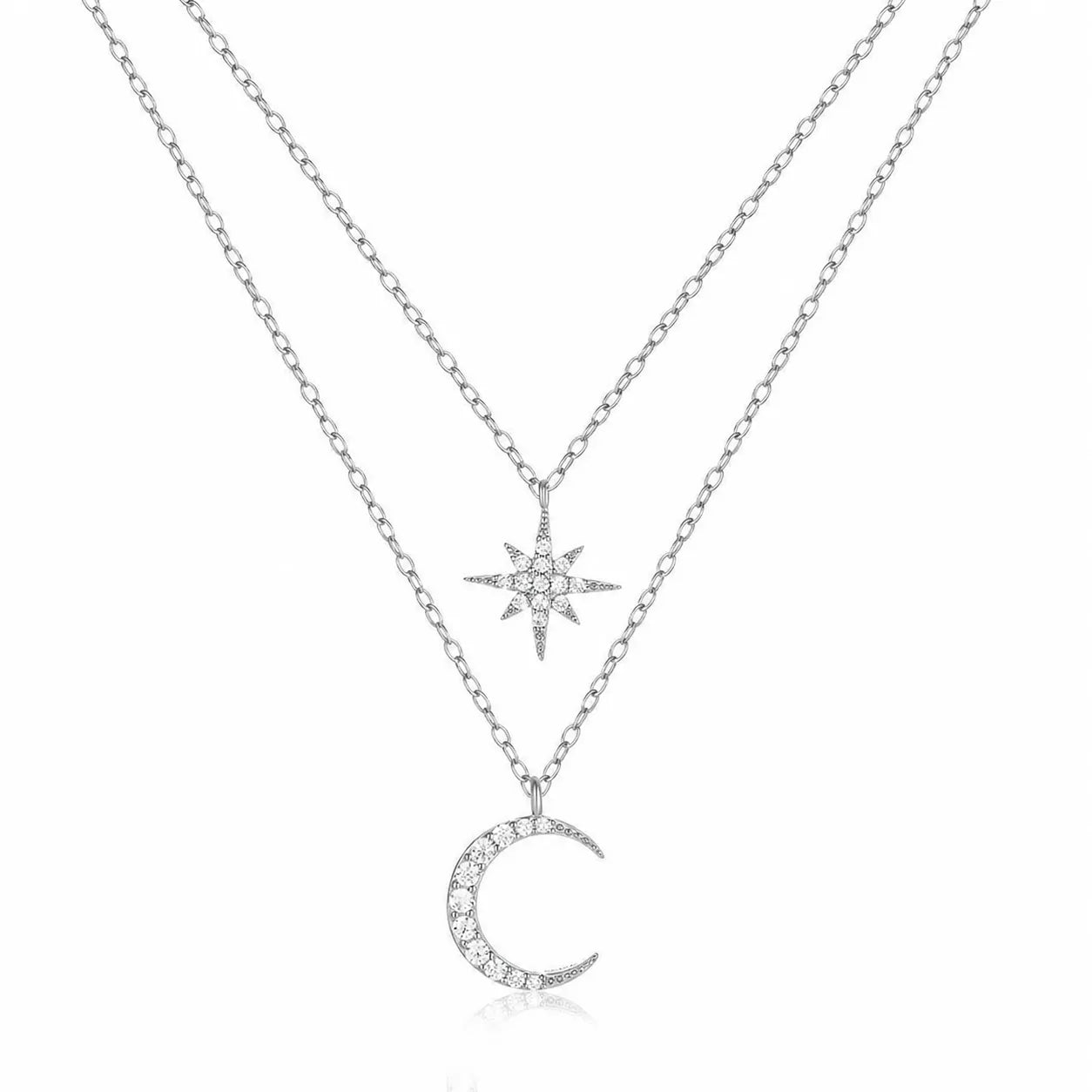 Moon And Star Necklace 925 Sterling Silver Layered Starburst