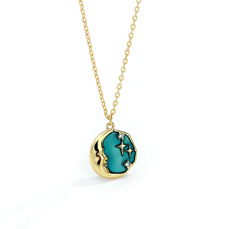 Moon Face Necklace 925 Sterling Silver 18K Gold Plated Green Starry Pendant