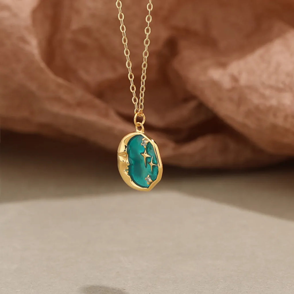 Moon Face Necklace 925 Sterling Silver 18K Gold Plated Green Starry Pendant