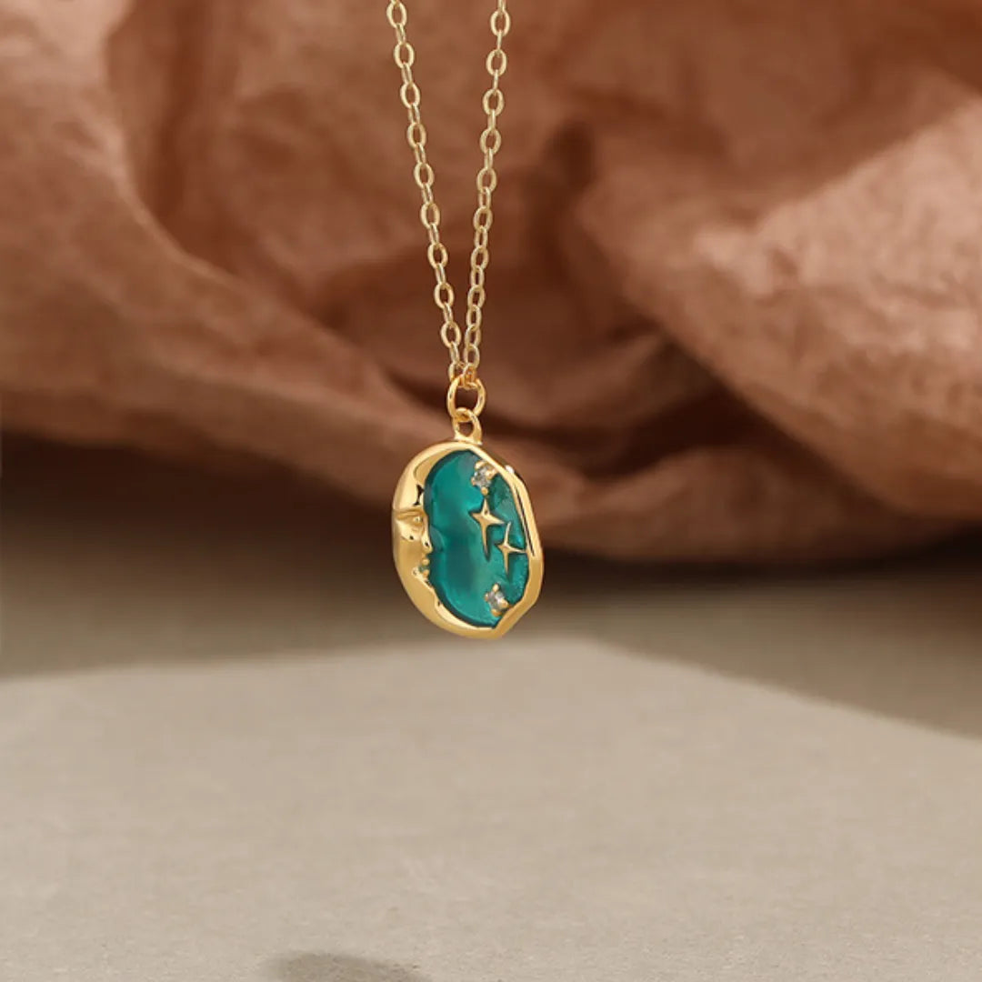 Moon Face Necklace 925 Sterling Silver 18K Gold Plated Green Starry Pendant