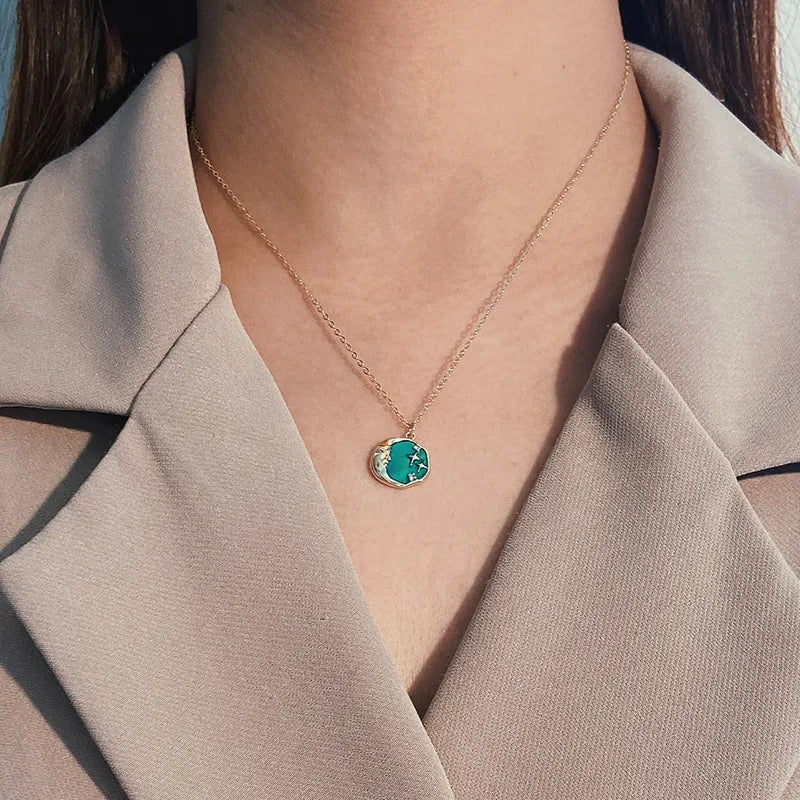 Moon Face Necklace 925 Sterling Silver 18K Gold Plated Green Starry Pendant