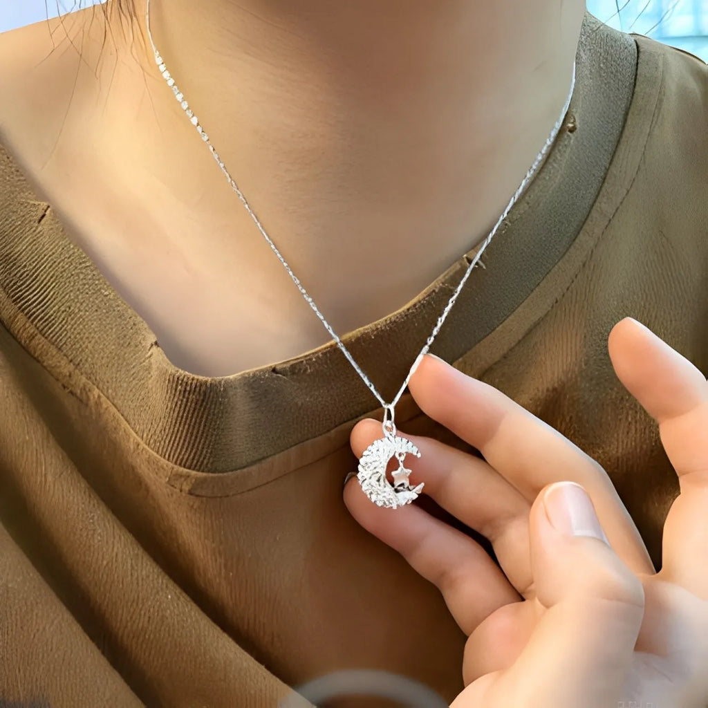 Moon And Star Necklace 925 Sterling Silver Woven Moon Design