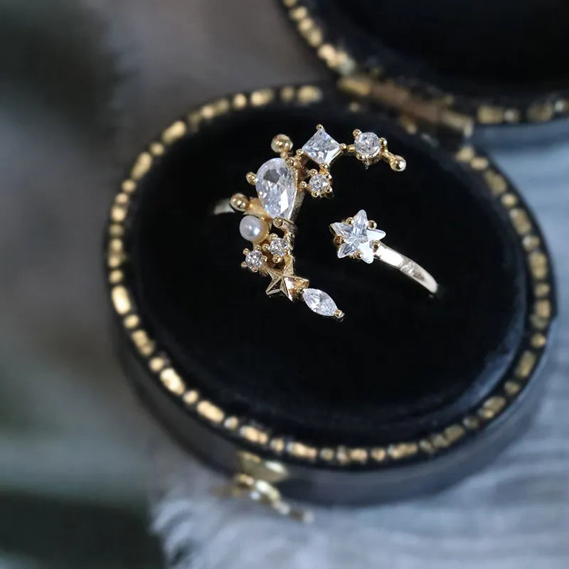 Moon and Star Ring 925 Sterling Silver Open Ring