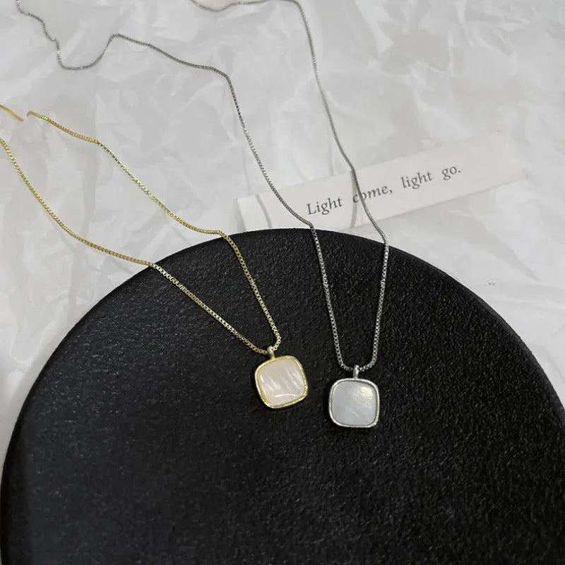 Mother of Pearl Necklace 925 Sterling Silver Rounded Square Pendant
