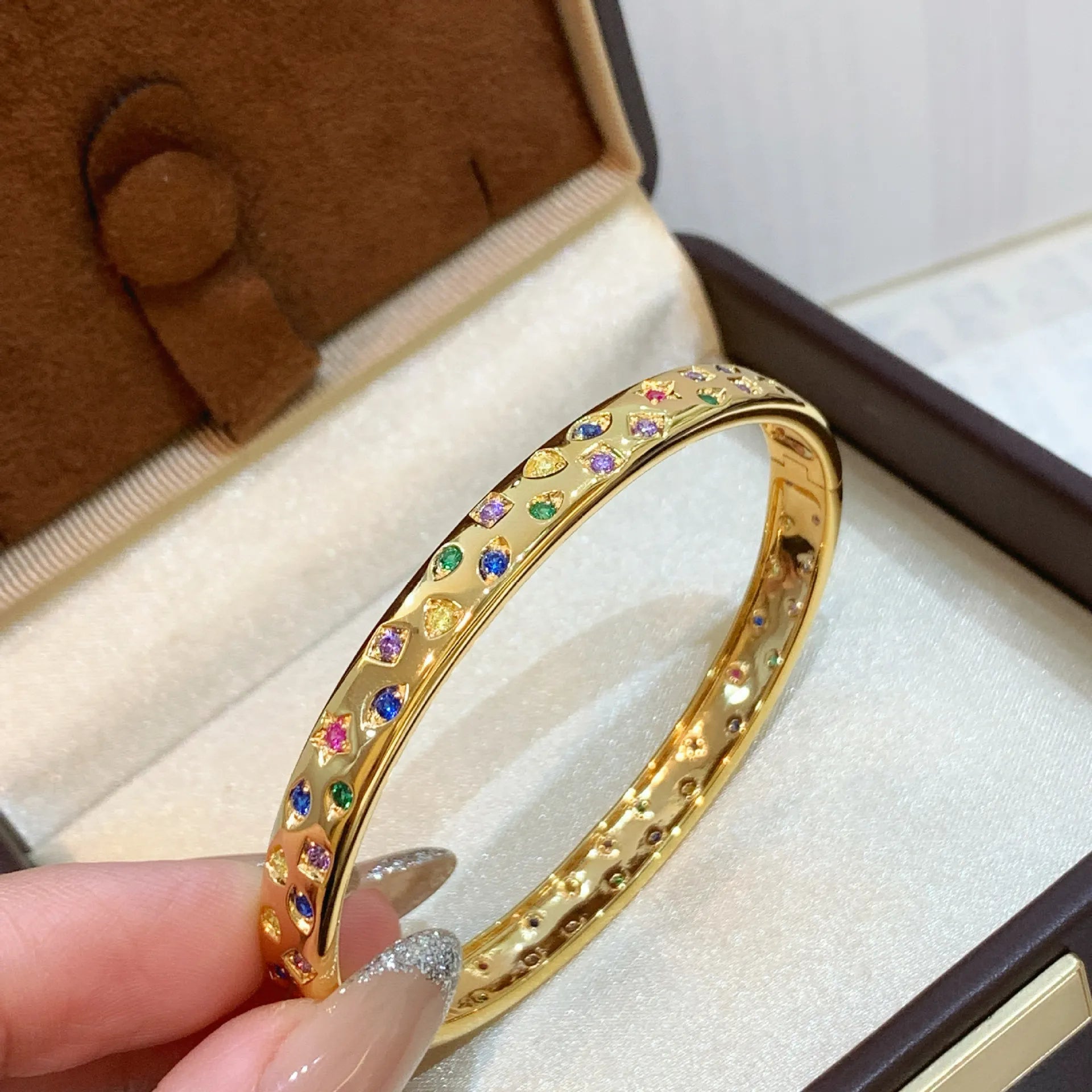 Multicolor Stone Bangle 925 Sterling Silver Scattered Cubic Zirconia Accents