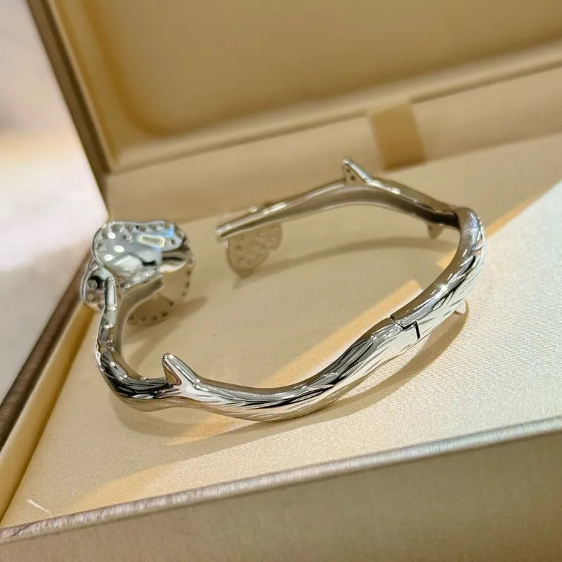 Rose Cuff Bracelet 925 Sterling Silver Cubic Zirconia Floral Detail