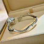 Rose Cuff Bracelet 925 Sterling Silver Cubic Zirconia Floral Detail