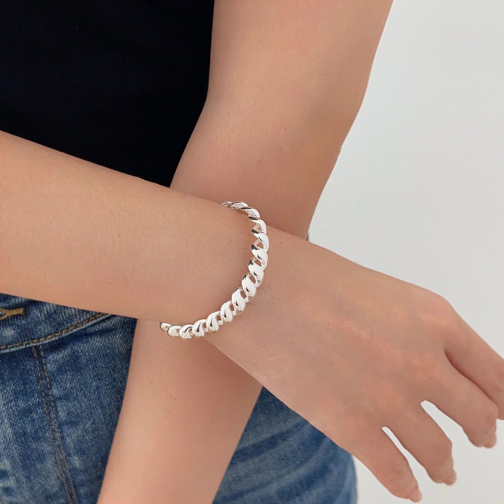 Twisted Cuff Bracelet 925 Sterling Silver Polished Rope Texture