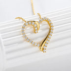 Open Heart Necklace 925 Sterling Silver with Cubic Zirconia Border and Curved Metal Detail