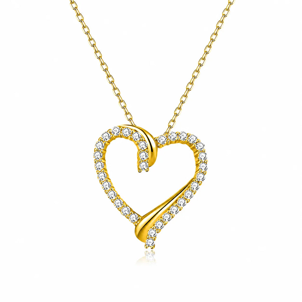 Open Heart Necklace 925 Sterling Silver with Cubic Zirconia Border and Curved Metal Detail