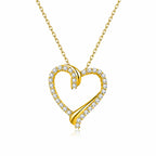 Open Heart Necklace 925 Sterling Silver with Cubic Zirconia Border and Curved Metal Detail