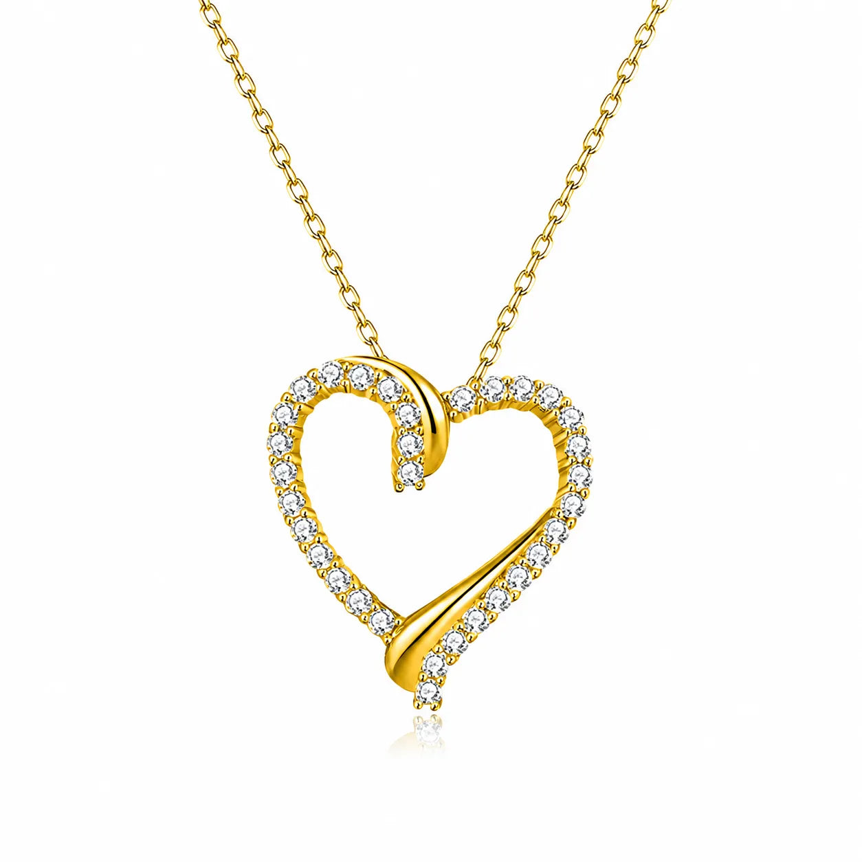 Open Heart Necklace 925 Sterling Silver with Cubic Zirconia Border and Curved Metal Detail