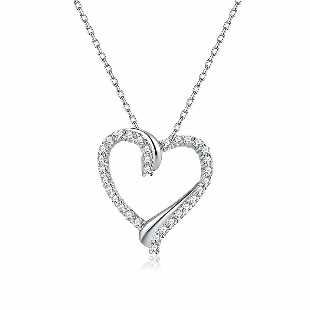 Open Heart Necklace 925 Sterling Silver with Cubic Zirconia Border and Curved Metal Detail