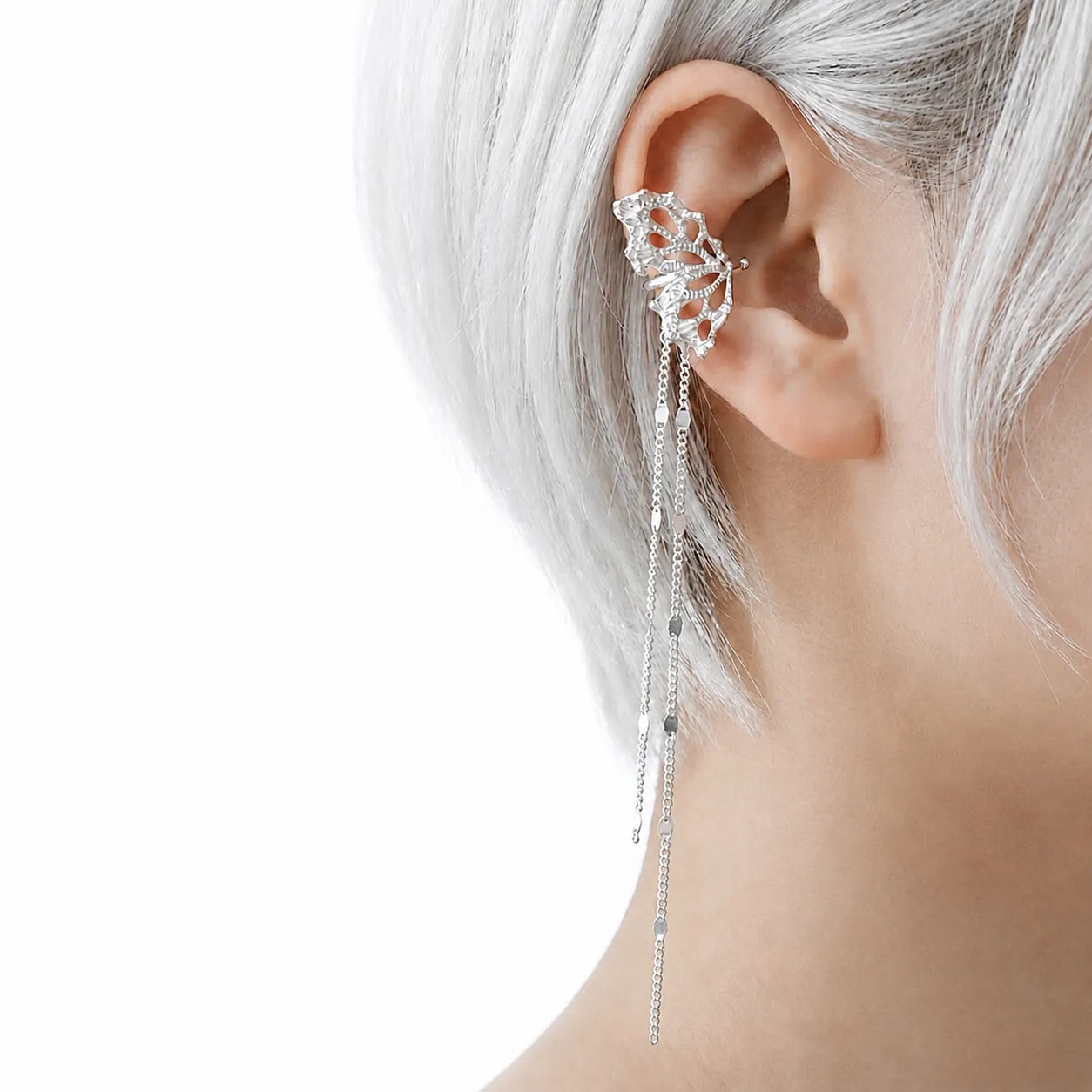 Ear Cuff With Chain 925 Sterling Silver Openwork Butterfly