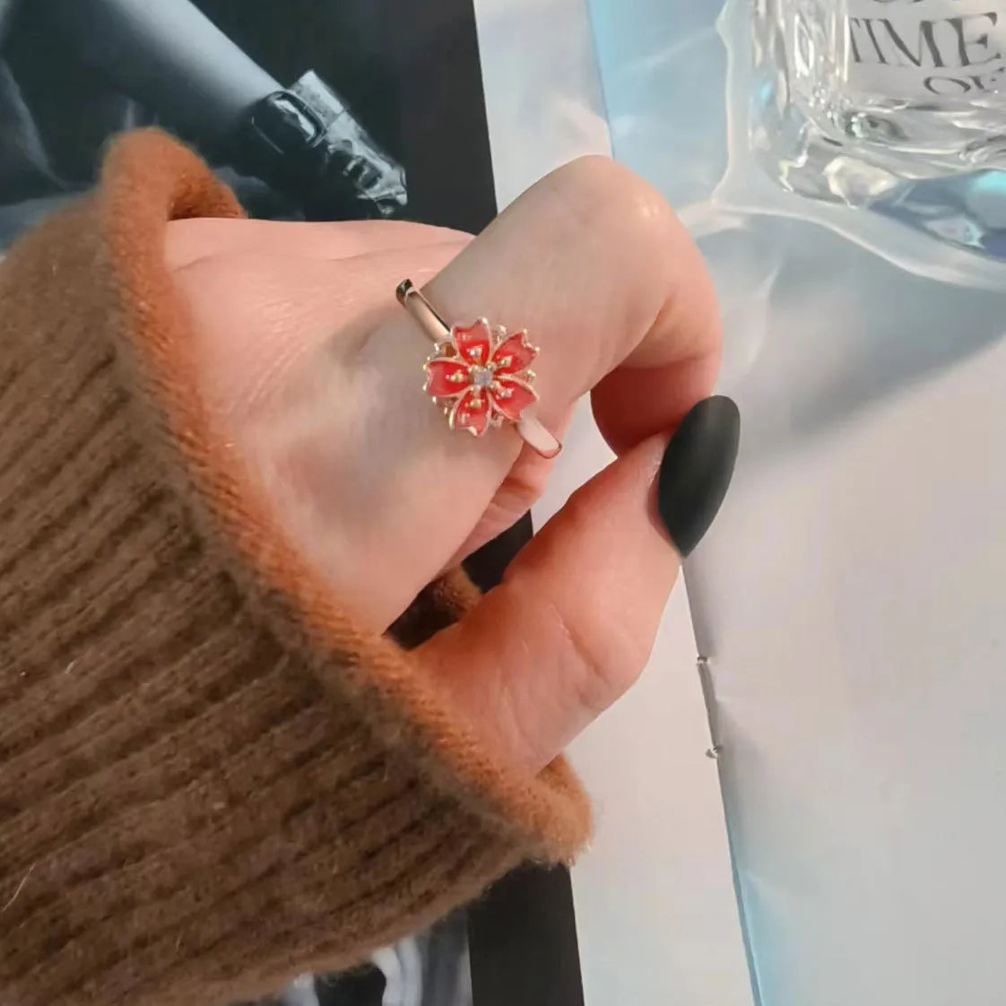 Peach Blossom Ring 925 Sterling Silver Red Rotating Flower Design