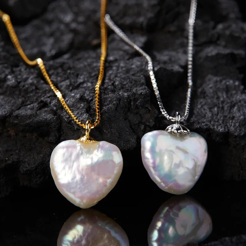Pearl Heart Necklace 925 Sterling Silver Natural Baroque Pearl Pendant