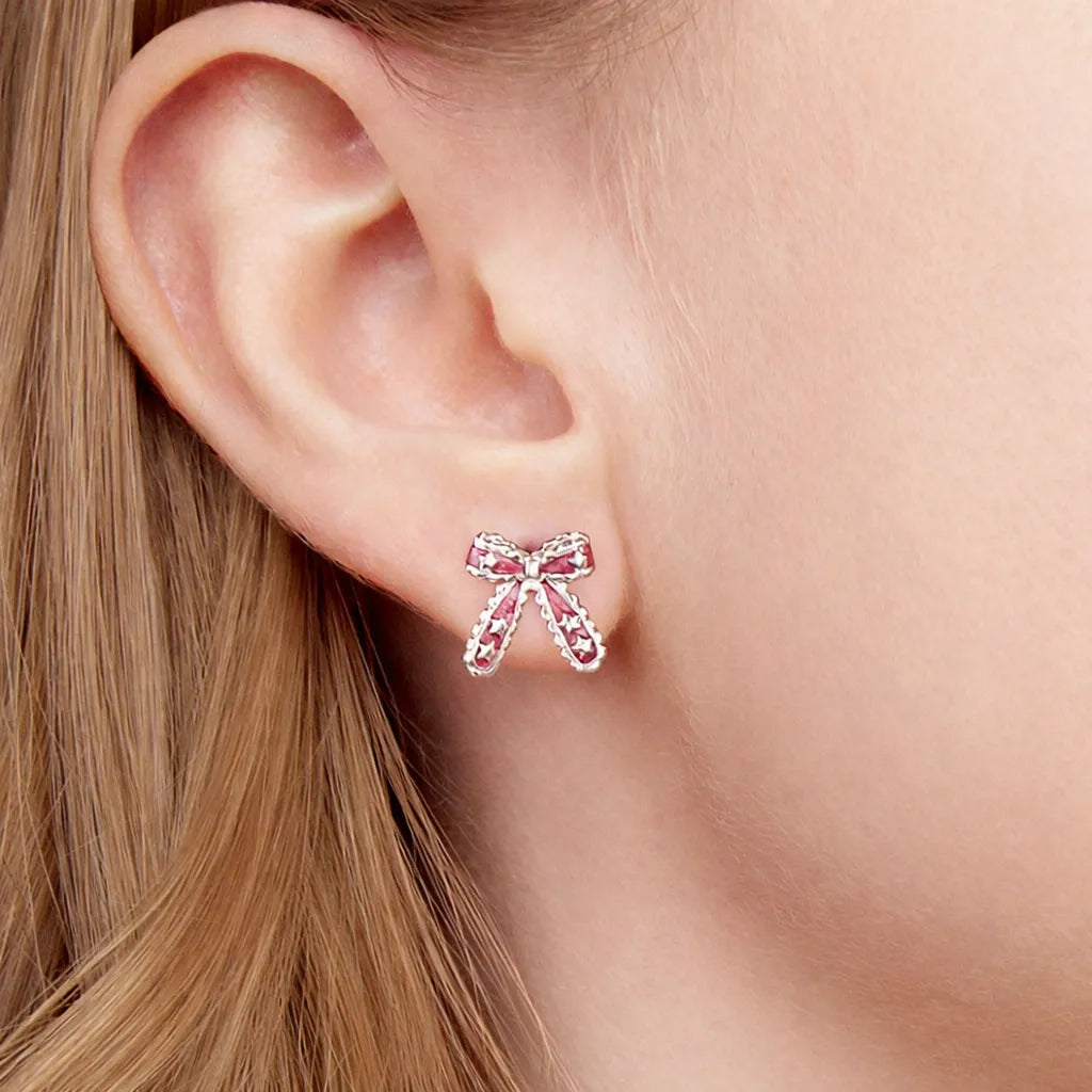 Pink Bow Stud Earrings in 925 Sterling Silver