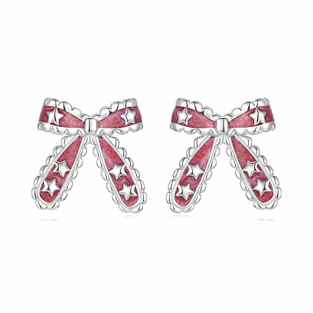 Pink Bow Stud Earrings in 925 Sterling Silver