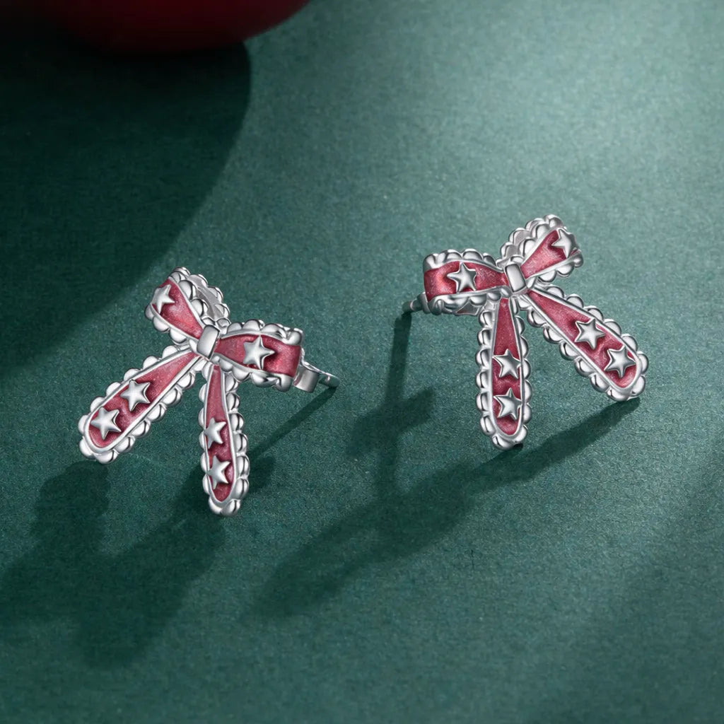 Pink Bow Stud Earrings in 925 Sterling Silver