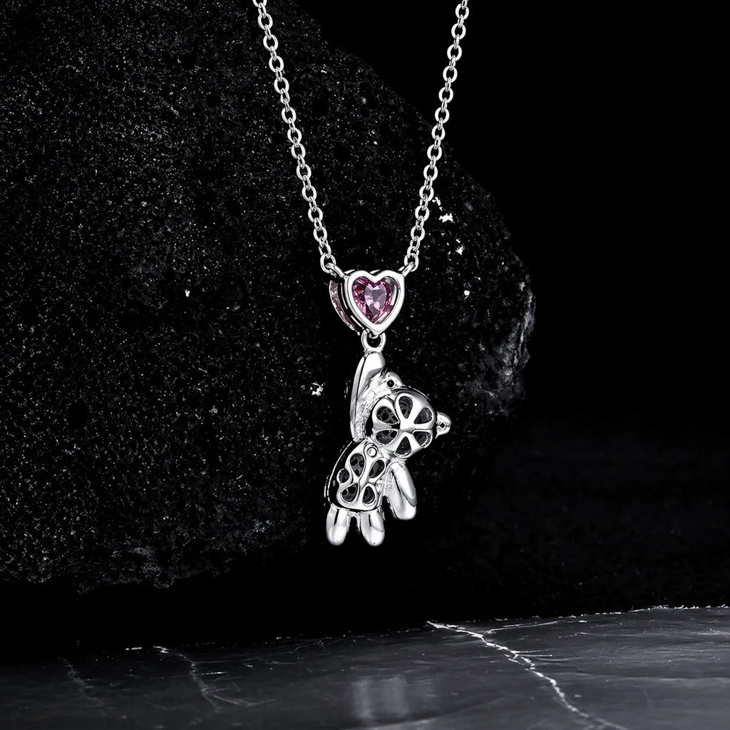 Bear Pendant Necklace 925 Sterling Silver Pink Heart