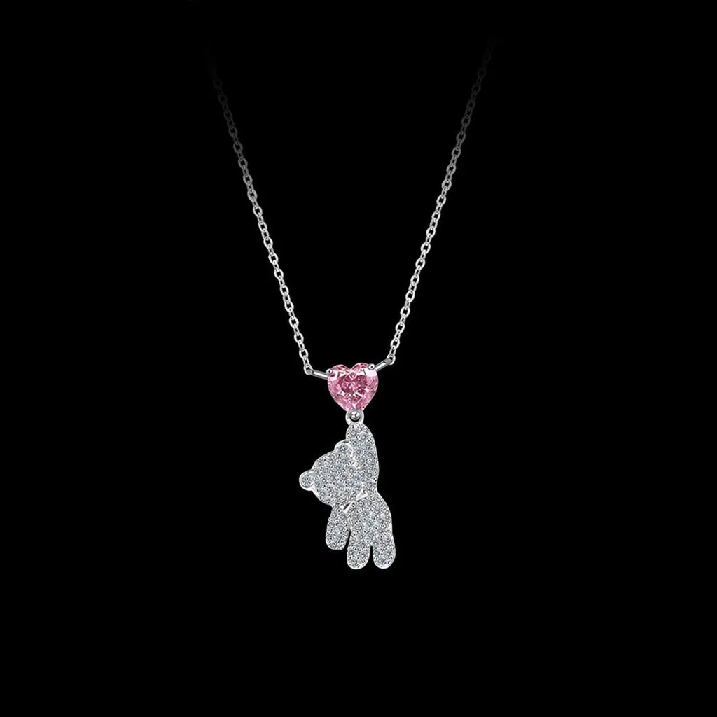 Bear Pendant Necklace 925 Sterling Silver Pink Heart