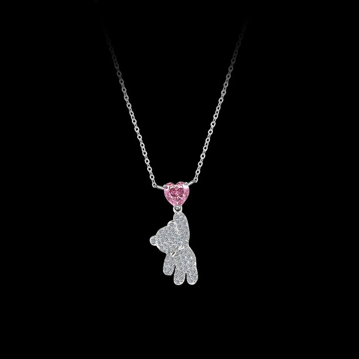 Bear Pendant Necklace 925 Sterling Silver Pink Heart